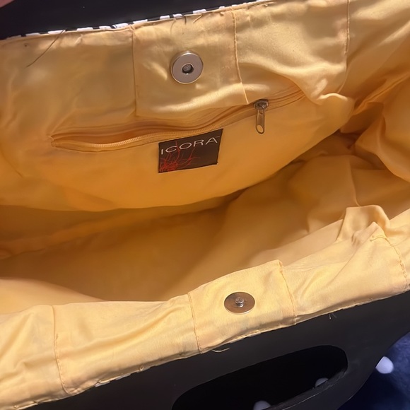 Icora canvas bag w/ wooden handles oversized maxi clutch indie boho brown yellow - Picture 3 of 5